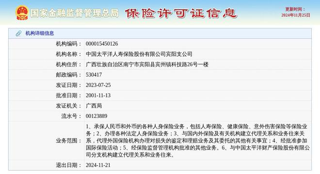 球盟会入口：中国太平洋人寿保险股份有限公司宾阳支公司获准退出退出日期2024年11月21日